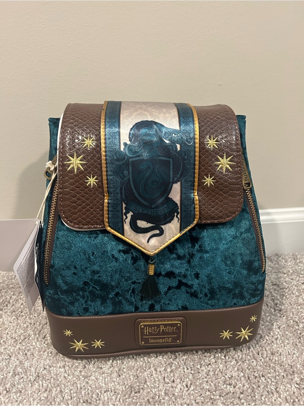 Loungefly Exclusive Harry Potter Slytherin Banner Velvet Mini Backpack NWT